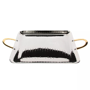 Plateau de service rectangulaire de luxe en acier inoxydable avec poignées en forme de branche dorée et accents en cristal, vente en gros d'usine - Product Image 5