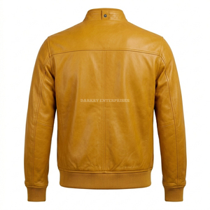 Blouson en cuir jaune moutarde pour homme, sur mesure, en peau de mouton, coupe bomber, avec bordure côtelée, coupe ajustée, vêtement coupe-vent, vente en gros - Product Image 2