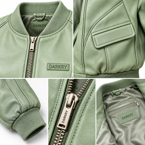 Chaqueta Bomber de Cuero Verde Salvia para Mujer con Bolsillos de Solapa y Ribete de Piel de Cordero Menta - Abrigo Personalizado para Exportación B2B - Proveedor de Ropa de Fábrica - Product Image 6