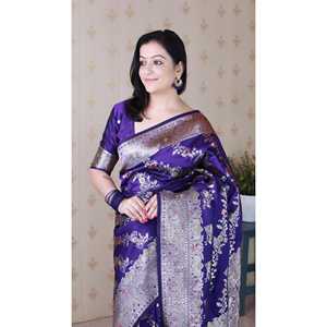 Sari y Blusas de Seda Suave Violeta de la Marca Elite Weaves, Tejido Banarasi Jaal Meenakari con Zari, 650g - Product Image 3