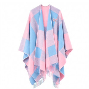 Gamma Phi Delta Sorority <b>Women</b> Blue & Pink Checkered <b>Cape</b> Shawl Cardigan Casual 100% Acrylic Winter Warm Daily Wear Scarf - Product Image 2