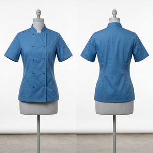 เสื้อเชฟผู้ชาย 220 GSM ผ้าโพลีคอตตอนทวิล สีน้ำเงินรอยัล กระดุมสองแถว แขนสั้น ปักลายตามสั่ง พิมพ์ลาย ป้ายทอ - Product Image 3