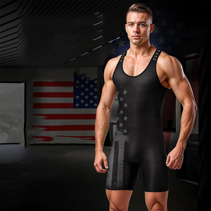 Combinaison de lutte noire pour homme, ajustée, en spandex et polyester, anti-humidité, imprimé drapeau américain, vêtements de sport de combat - Product Image 5
