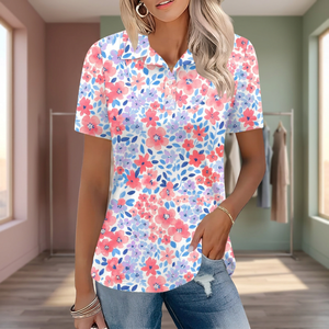 Camiseta Polo de Manga Corta con Estampado Floral para Mujer, Top Informal de Verano, Transpirable, de Poliéster Tejido, Largo Regular - Product Image 3