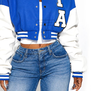 Veste de baseball courte pour femme, design personnalisé, bleu, avec doublure en peau de mouton et en laine respirante crochetée - Product Image 3