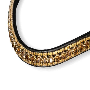 Bandeau de tête pour cheval en cuir véritable noir, personnalisé, à trois rangées de cristaux dorés brillants, strass et diamants, forme vague. - Product Image 6