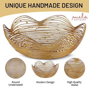 Elegant Modern Abstract Etched Gold Brass Wire Round Decorative <b>Bowl</b> Handcrafted <b>Metal</b> Serving Dish Holidays Ramadan Table - Product Image 4