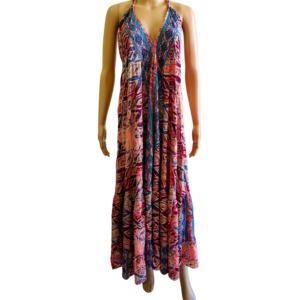Vestido maxi coreano de talla única, estilo Y2K geométrico, bohemio natural, largo hasta el suelo, de seda tejida, corte en A, sin mangas, con dobladillo con volantes, para uso diario, dulce y elegante. - Product Image 1