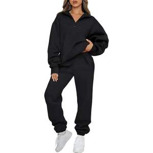 Ensemble de survêtement noir uni pour femme, manches longues, demi-zip, pantalon de jogging décontracté, respirant, 100% coton, vêtements d'automne - Product Image 1