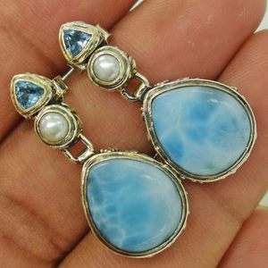 925 Sterling <b>Silver</b> <b>Drop</b> <b>Earrings</b> With Triangle Cut Natural Larimar Blue Topaz Stone & Freshwater Pearl Bezel Setting For Women - Product Image 3