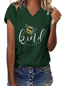 Women Crew Neck Short Sleeve <b>T</b>-<b>Shirt</b> Blue <b>Bee</b> Kind Print Casual Summer Top Cotton Jersey Regular Fit Anti-shrink Digital Printed - Product Image 1