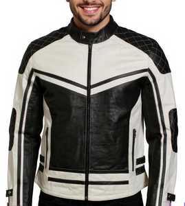 <b>Men's</b> Black <b>White</b> Color Blocking Leather Motorcycle Jacket Stand Collar Zipper Moto Biker <b>Coat</b> - Product Image 6