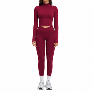 <b>Women</b> 2 Piece Yoga Set Long Sleeve Crop <b>Top</b> High Waist Leggings Solid Black Seamless Zipper Front Activewear Workout Wear - Product Image 5