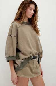 Women's Vintage Washed Crewneck Sweatshirt Three Quarter Drop Shoulder <b>Top</b> - Product Image 3