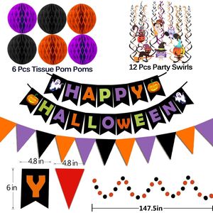 Set Decorazioni per Feste di Halloween: Ghirlanda di Bandierine Triangolari, Coriandoli Circolari, Palline a Nido d'Ape e Spirali - Product Image 2