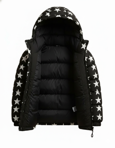 Blouson matelassé à capuche imprimé étoiles pour homme, chaud et tendance, style streetwear, vente en gros, noir - Product Image 3