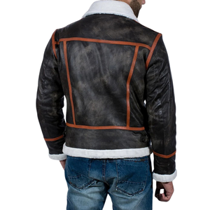 Veste en cuir véritable noir pour homme avec col en peau de mouton et surpiqûres orange, multi-poches, fermeture éclair intégrale, vêtement d'extérieur haut de gamme pour l'hiver - Product Image 2