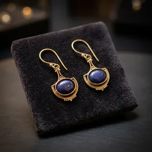Pendientes de Latón con Lapislázuli Natural |   Pendientes Colgantes Hechos a Mano con Piedras Preciosas |   Joyería de Latón al por Mayor - Product Image 3