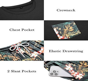 Men's Black Floral Print T-Shirt <b>Set</b> With Pocket Casual Summer Shorts Crew Neck <b>Knitted</b> Breathable Outfit - Product Image 5