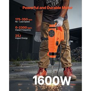 Martillo Perforador Eléctrico con Cable de 1600W, 175-350 RPM, Martillo Rotatorio SDS-Max de 2 Pulgadas, 3 Funciones para Demolición y Cincelado - Product Image 5
