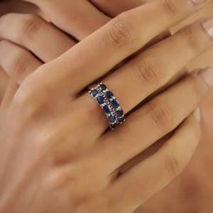 Wholesale Price 925 Sterling <b>Silver</b> Triple Row Natural Blue Sapphire & Ruby Gemstone Wide Half Eternity <b>Band</b> <b>Ring</b> - Product Image 2