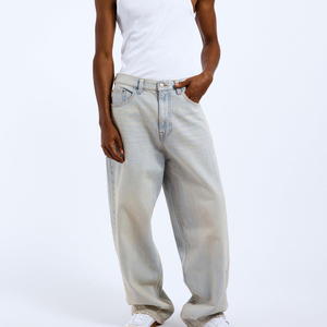 Jean en denim pour homme de haute qualité, délavé, coupe droite ample, taille mi-haute, avec broderie personnalisée et patch en cuir, grande taille - Product Image 2