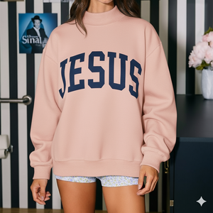 Jesus Letter Print Oversized Crew Neck Sweatshirt Unisex Pink Cotton <b>Pullover</b> Casual Autumn Wear - Product Image 4