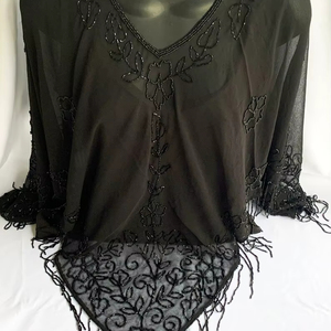 Elegante Capa Burlesque con Cuentas, Lentejuelas y Perlas, Atuendo Festivo para Club, Cierre Recto, Diseño de Cuello en V, Bordado Natural - Product Image 1