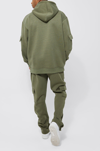 Custom Streetwear Men's Olive Green Hooded Tracksuit Set Front Logo Side Pockets Quick Dry Polyester Fleece Regular Fit Sporty - Product Image 6