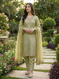 Women Black Embroidered Silk <b>Kurta</b> Set with Dupatta Gold Work Traditional <b>Indian</b> Pakistani Party Wear for Wedding Prom - Product Image 4