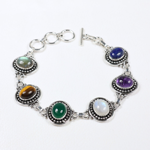 Wholesale Vintage Style Sterling Silver Plated Multi <b>Stone</b> Mixed Gemstone Oval Toggle Clasp Link <b>Bracelet</b> Bohemian Jewelry - Product Image 2