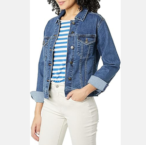 Veste en jean bleu classique pour femme, col rabattu décontracté, boutonnage frontal, couleur unie, coton délavé, coque en cuir véritable, coupe régulière - Product Image 2