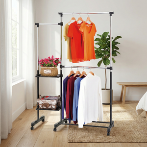 OEM Modern Eco-Friendly Floor Type Double <b>Metal</b> Chrome Clothes Display Racks Home Storage Organizer Series - Product Image 2