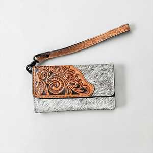 Portefeuille-bracelet en cuir tressé style western avec embellissement floral et motif animalier, style vintage pour usage quotidien - Product Image 1