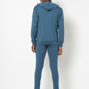 Ensemble de survêtement à capuche pour homme, bleu uni, manches longues, fermeture éclair sur le devant, vêtements décontractés, saison printemps, coupe régulière avec poches latérales - Product Image 5