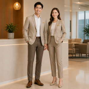 ชุดยูนิฟอร์มสีเบจสำหรับบุรุษและสตรี ผลิตจากวัสดุโพลีเอสเตอร์ที่ระบายอากาศได้ดีและดีไซน์คลาสสิก - Product Image 1
