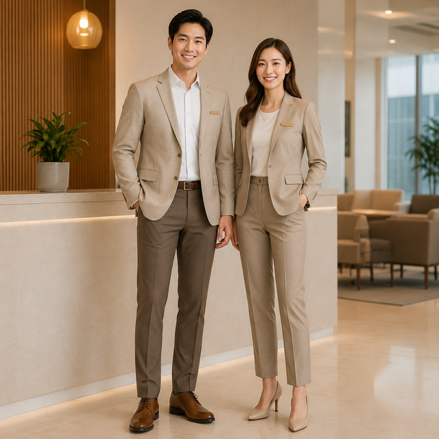 Beige Professional Uniform Set for Men and Women with Breathable Polyester Material and Classic Design