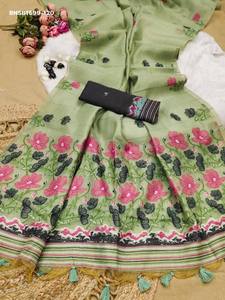 Hermoso Sari de Seda con Tejido Resham, Estampado Floral en Toda la Prenda y Borde con Pallu Floral Tejido con Meena, Proveedor Indio - Product Image 3