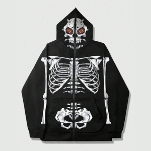 Men's Custom Hooded Sweatshirt Black <b>Skeleton</b> Print Zipper Front Regular Fit Autumn Wear Knitted 100% Cotton Fabric Hoodie - Product Image 1