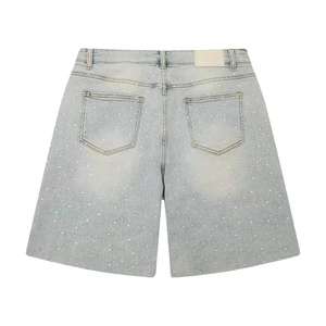 Pantalones Cortos de Mezclilla Personalizados para Hombre, Estilo Urbano, con Cristales, Corte Recto, Casual de Verano, con Cremalleras, Lavado Vintage, con Pedrería - Product Image 6