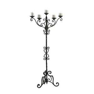 Floor Standing Wrought Iron Candle Stand Scroll Design 5 Pillar Candelabra Bottom Three Leg Black Iron Candle Holder