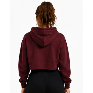 Women Cropped Hoodie <b>Maroon</b> Solid Color Long Sleeve Hooded Sweatshirt Casual Autumn Wear Embroidered Design Sweatshirt - Product Image 3