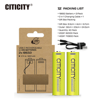 CITICITY Baterai USB Isi Ulang 18650 LiNiMnCoO2 (2-Paket) 7400mWh Lithium Ion 3.7V 1200+ Siklus Pengisian untuk Mainan