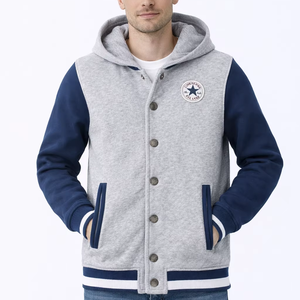 Sweat-shirt à capuche gris bleu pour homme, style universitaire décontracté, boutonné, avec manches contrastées, poignets côtelés et doublure en polaire douce - Product Image 1