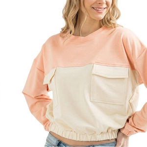 Women Color Blocked Oversized Crew Neck Sweatshirt With Pockets Long Sleeve Knitted Cotton Autumn Wear For Women - Product Image 2