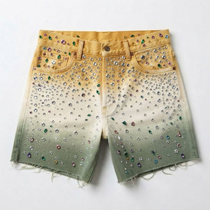 Shorts décontractés pour hommes, style streetwear moderne d'été, en toile 100% coton, épais, délavé soleil, orné de strass, tendance - Product Image 1