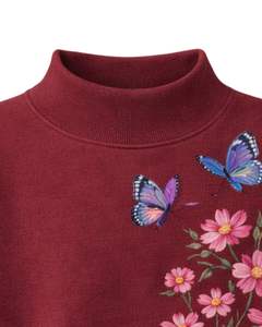 Sudadera Oversize para Mujer Color Granate con Estampado Floral de Mariposas, Cuello Alto Simulado, Suave Felpa, Informal, de Moda para Invierno - Product Image 2