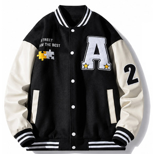 แจ็คเก็ตแฟชั่นสไตล์ Letterman ผ้าวูลผสมพรีเมียม ปักลาย апплика แขนเสื้อตัดกัน แจ็คเก็ตลำลองสไตล์สตรีทสำหรับฤดูหนาว - Product Image 1