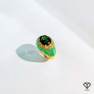 Bague en émail avec tourmaline verte et diamants pavés, artisanat italien, diamant taille unique, accent turquoise - Product Image 2