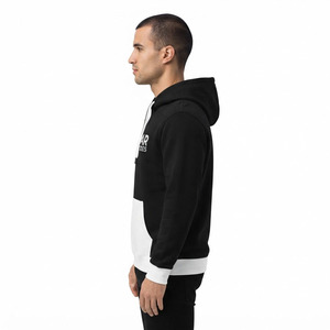 Men's Black Hooded <b>Fleece</b> <b>Sweatshirt</b> with White Panel and Front Logo Print Loose Fit Casual Winter ODM Anti-Pilling - Product Image 6